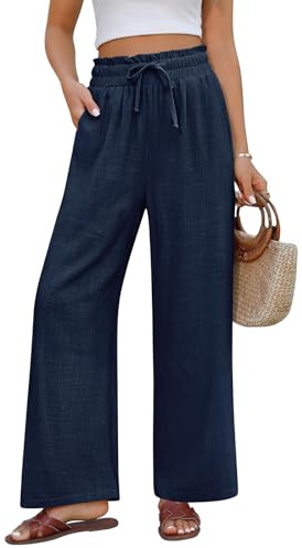 UMIPUBO Pantaloni Lino Donna Estivi Casual Cotone Pantalone Larghi Elastica Vita Alta Leggeri Elegante Gamba Dritta Palazzo con Coulisse Comodi Pantaloni da Spiaggia con Tasche (Blu Marina, XL)