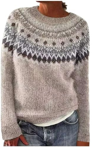 Maglione Donna Invernale Elegante Caldo Morbido Maglia Norvegese Jacquard Girocollo Maniche Lunghe Pullover Vintage Sciolto Autunno Inverno Taglie Forti Maglioncino Lavorato a Casual Comodo Sweater