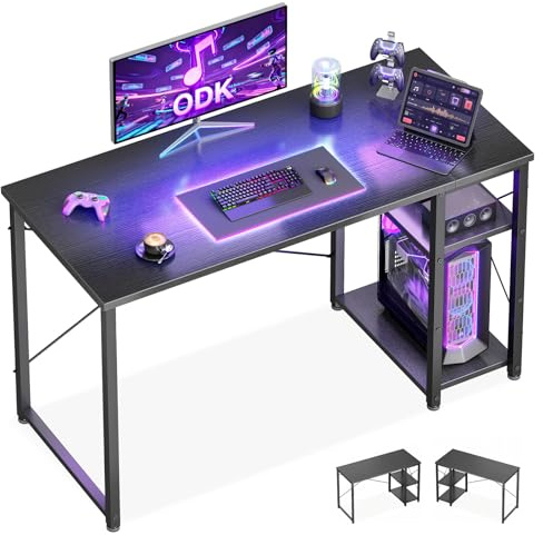 ODK Gaming Desk with Shelves, Small Computer Desk, 120 x 48 cm, Black