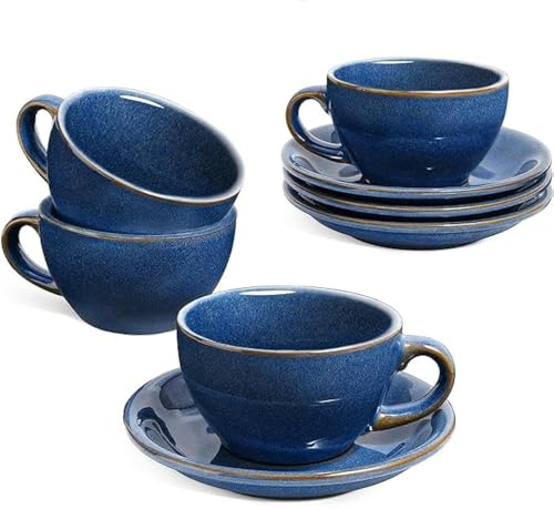 LE TAUCI 6 oz Cappuccino Cups with Saucers, Set of 4 Ceramic Coffee Cup and Saucer Set for Latte, Au Lait, Flat White, Mocha, Tea, Embossed Coffee Cups,Blue