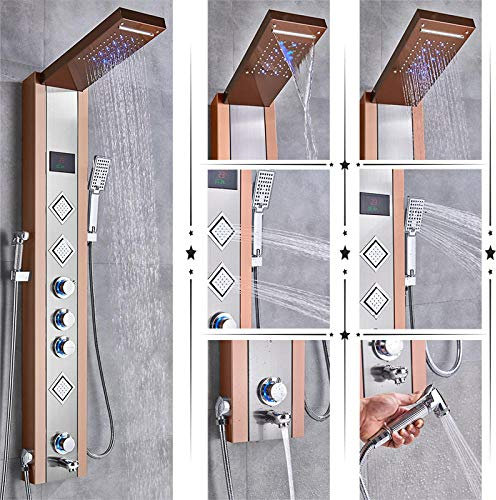Robinet de douche de luxe LED panneau de douche colonne mitigeur de baignoire avec écran de température de douche à main-Or rose