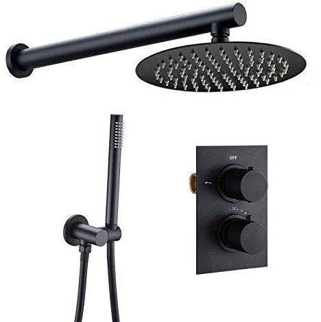 Wieoc Badezimmer Dusche Set Matte Black Rain Dusche Wasserhahn Wand- oder Deckenmontierte Thermostatventil-System 10-Zoll-Duschkopf