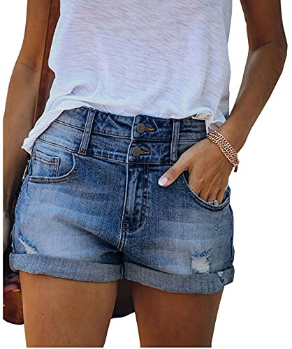Bichingda Avslappnade denimshorts för kvinnor hög midja sliten fåll rippade sommarjeans korta heta byxor med fickor, Mörkblått, M