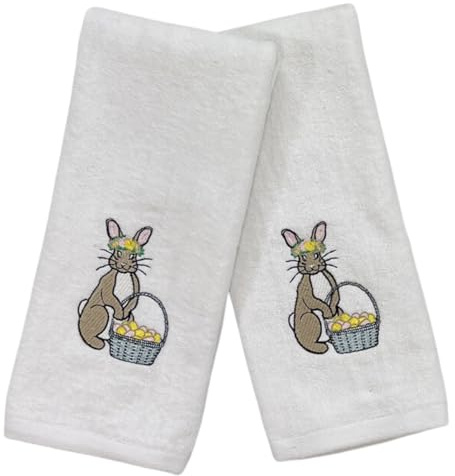 Luxuriöse Oster-Frottee-Handtücher: weißes Handtuch mit besticktem blauen Hasen-Silhouette-Applikation und Blumen (Design 3)