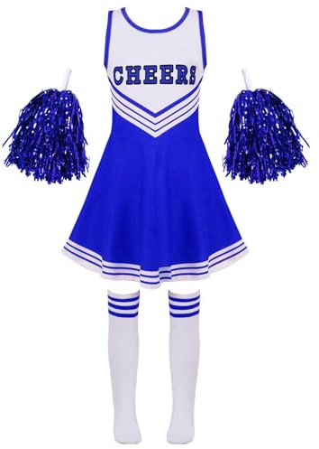 Jowowha Mädchen Cheer Leader Cheerleading Kostüm Schulmädchen Uniform Karneval Fasching Party Halloween Kostüm Kleid mit Pompoms Blau 146-152