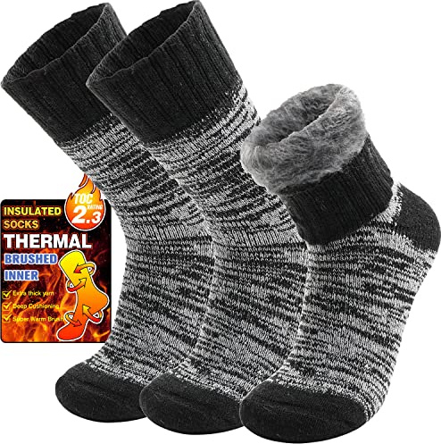 Welwoos Calcetines Calefactables Térmicos para Frío Extremo, Hombre y Mujer - Gruesos y Cálidos para Esquí, Deporte, Trabajo - 3 Pares Navidad Chimenea (Negro, M)