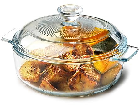 NUTRIUPS Cacerola redonda de vidrio con tapa, tamaño para sobras, (Fuego no abierto) cazuela redonda de vidrio con tapa para usar en tostador de horno/freidora de aire (XS-0.8L)
