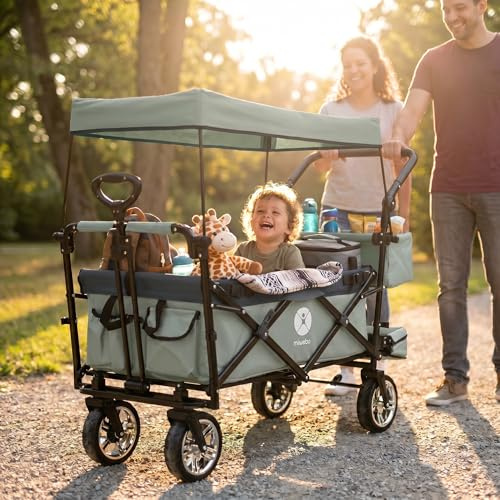 Miweba Faltbarer Bollerwagen MB-20 (Hellgrau/Dunkelgrau V2) | Sonnendach UV-beständig | 2x Anschnallgurte | Feststellbremse | Transportwagen für Kinder | Traglast 100 kg | Wagen