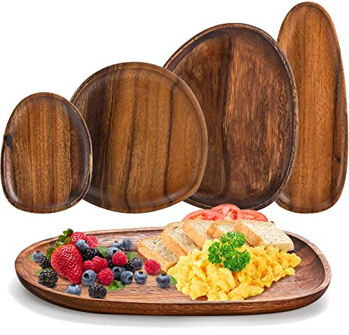 Okllen Set of 5 Acacia Wood Serving Trays, Assorted Size Irregular Oval Wooden Serving Platters, Lightweight Wood Charcuterie Board Set for Home Decor, Food, Coffee, Appetizer, Housewarming Gift