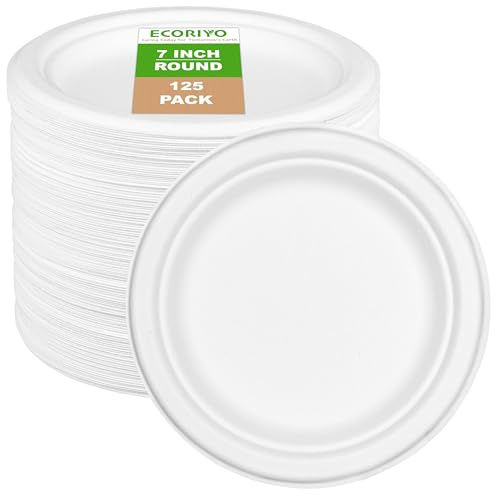 ECORIYO Platos redondos desechables de caña de azúcar de bagazo de 7 pulgadas, paquete de 125 platos biodegradables, vajilla desechable ecológica, aptos para congelador y microondas, platos de picnic