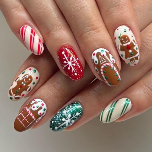 Carufin 24Pcs Christmas Gingerbread Man Chocolate House False Nails Christmas Tree Fruit Snowflakes Press On False Nails (C)