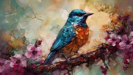 Acryl-Bild 50 x 30 cm: Aquarellmalerei eines Vogels auf einem Zweig eines blühenden Baumes (207517718)