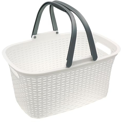 HRB Shoppingkorg i rottinglook, stor bärkorg med handtag, 18 liter volym, shoppingväska, korg (vit)
