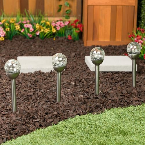 Alpine Corporation 15 H Outdoor Solar Glass Ball Pathway Lights with Color Changing LEDs, Silver - Set of 4