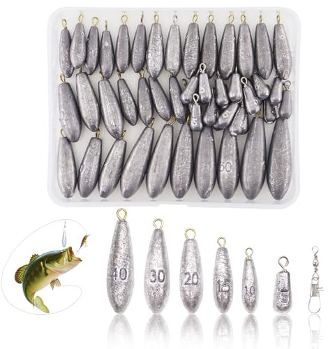 TOKSEO Angelblei 50 Stück Grundblei Angeln, Stromlinienförmige Blei Angeln Heringsblei Birnenblei Karpfenble Angelzubehör 5g/ 10g/ 15g/ 20g/ 30g/ 40g mit 30 Wirbel Angeln, Aufbewahrungsbox