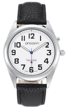 QINGQIAN Gran reloj parlante inglés para discapacitados visuales, habla con hora clara y fuerte, fecha y hora de alarma. La correa elástica es el mejor regalo para personas mayores o ciegas, Plateado