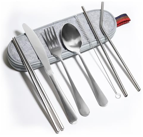 Camping Cutlery, Travel Cutlery Set with Case, Portable Stainless Steel Camping Utensils Include Knife Fork Spoon Chopsticks Straws Brush (Silver)