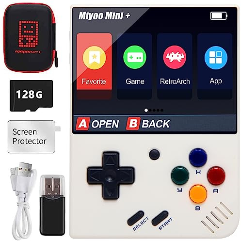 Miyo Mini Plus handhållen retro spelkonsol, inbyggt 128 G TF-kort, 15 000 klassiska spel, 3,5 tums IPS-skärm, stöder WIFI, med förvaringsväska (vit, 128 G)