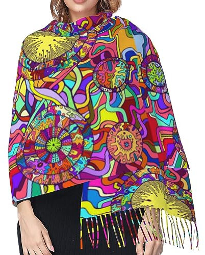 Hceaatb Damen-Schal, dekorativ, psychedelisch, abstrakt, modisch, Winter, warm, Kaschmirschal, Fransenschal, Schwarz , Einheitsgröße