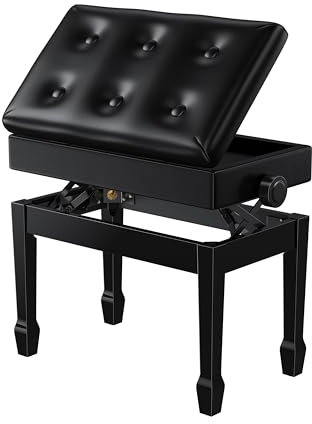 Rhymo Piano Stool Adjustable Height with Storage, Memory Foam, PU Leather Cushion, Oak Wood Piano Keyboard Bench, Capacity 420lbs (BLACK)