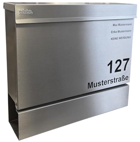 Personalisierter Briefkasten aus Edelstahl, graviert, mit Zeitungsfach, Made in Germany, Design A, von reinkedesign
