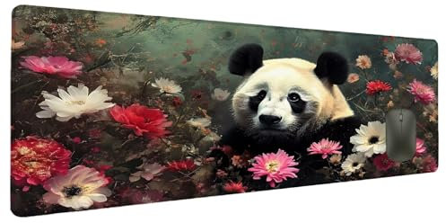 Mauspad XXL 1200x600mm Blume Mousepad Groß Schreibtischunterlage Panda, Gaming Mauspad Gadgets Schreibtisch Zubehör, Wasserdicht Mouse Pad rutschfeste Vernähte Kanten Verbessert Geschwindigkeit K-6