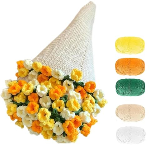 fufupaw Ramo de flores, manta de punto con flores de ganchillo, manta de ramo de flores, incluye 9 rollos de hilo, aguja de ganchillo y aguja, regalo de cumpleaños (paquete de material DIY, sin