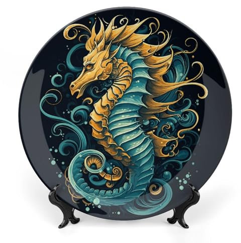 Grandes assiettes décoratives en porcelaine anglaise à motif hippocampe bleu de 20,3 cm pour présentation en céramique avec présentoir personnalisé pour cuisine, salle à manger, 20,3 cm