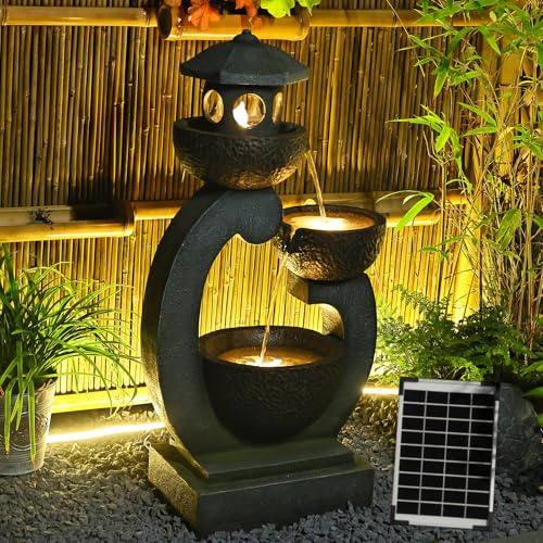 Bumilgar Springbrunnen Solar Gartenbrunnen für Außen mit LED Beleuchtung Zimmerbrunnen Kaskade Brunnen Wasserspiel Wasserfall Brunnen für Garten,Balkon,Terrasse, 89.5x45x27 cm