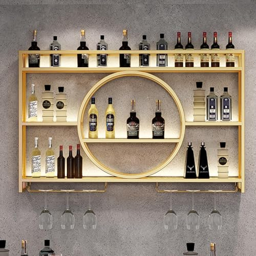 ININOSNP Stapelbares Weinregal LED-beleuchtetes Schnapsflaschenregal, Wandmontage, Metall, Weinflaschen- und Glasregal, Eisen-Displayregal(Gold,140x15x80cm)