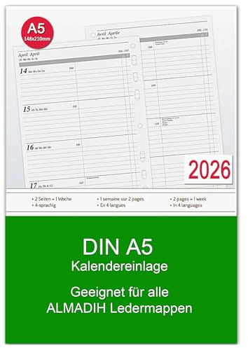 A5 Kalendereinlage 2026 (1 Woche auf 2 Seiten)Wochenplaner für alle gängige Terminplaner Organizer Ledermappe Kombimappe Zeitplaner Ersatz Kalender Einlagen Wochen Kalendarium Jahresplan (A5 Manager)