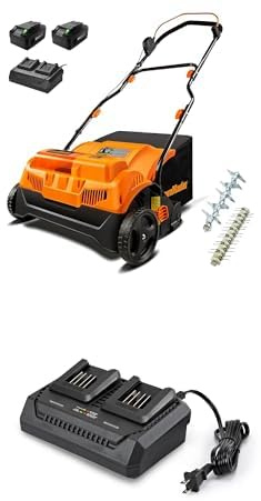 LawnMaster 48V MAX Brushless 16” Cordless Scarifier & Dethatcher with Removable Thatch Collection Bag Quick-Fold – CLGVB4816 + LawnMaster MX24V Dual-Battery Charger – 24LFC15-ETL Bundle
