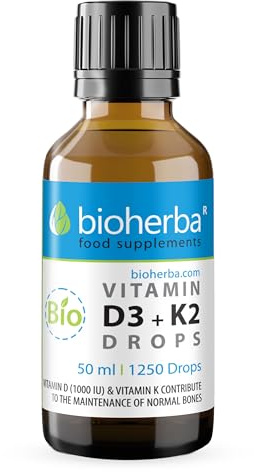 Vitamin D3 + K2 Drops by Bioherba – High Strength MK-7 & MCT Oil Formula | 1250 Drops | Vegan Liquid Supplement with No Additives