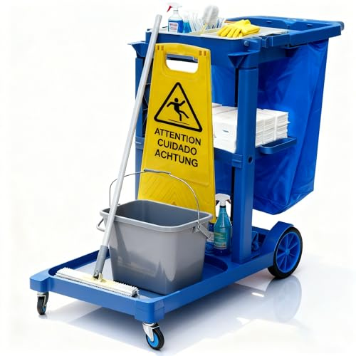 PYY Janitorial Cart - 3-Shelf & 2 Bins Cleaning Carts On Wheels, Smooth Swivel Caster, 65L Collection Bag, 300LBS Load Capacity, Sturdy Cleaning Cart for Housekeeping, Janatorial Cleaning (Blue)