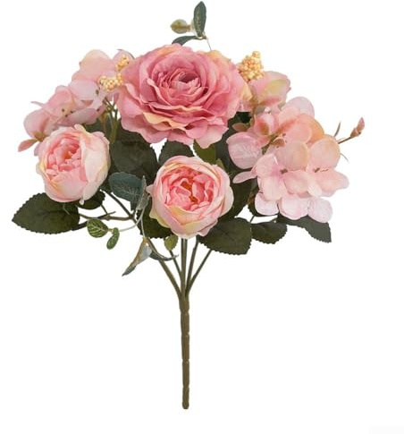 Ramo de flores artificiales de peonía y hortensia de seda de 20 x 29 cm, arreglo floral falso para decoración del hogar, fiesta de boda, flores de tela de seda reutilizables realistas (rosa claro)