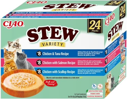 INABA Ciao Stew kattgodis med högkvalitativa ingredienser, rik på fukt och protein, lågt kaloriinnehåll, utan spannmål eller socker 40 g (paket med 24)