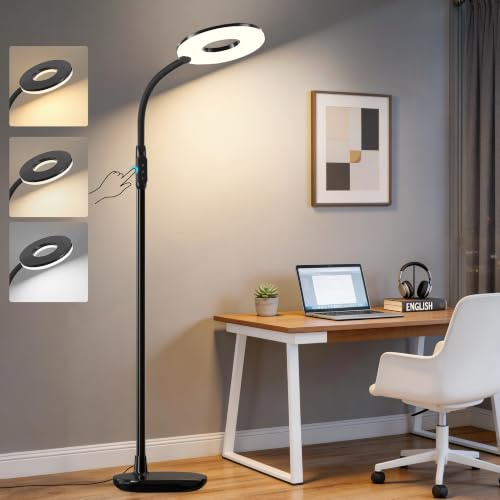 GyroVu Stehlampe Wohnzimmer Schwarz, 176cm Led Leselampe Stehlampe | mit Touch-Steuerung, 3000K-5000K Dimmbar Stehleuchte mit Flexible Schwanenhals für Schlafzimmer Büro Wohnzimmer