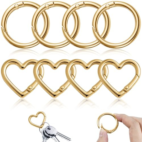 JAXICREY 8 Stück Karabiner Gold, Mini Karabiner Rund Herz Schlüsselring Karabinerring Karabinerhaken Schlüsselanhänger Klein Carabiner für Reisen Angeln Camping Wandern Hängematten Rucksack