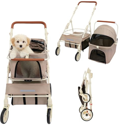 BRRIDE Hundewagen 2in1 Hundebuggy & Transportbox, klappbar bis 15kg mit höhenverstellbarem Griff, 360° Gummiräder, Jogger Hundekinderwagen für kleine Hunde und Katzen (Kaffeefarben)