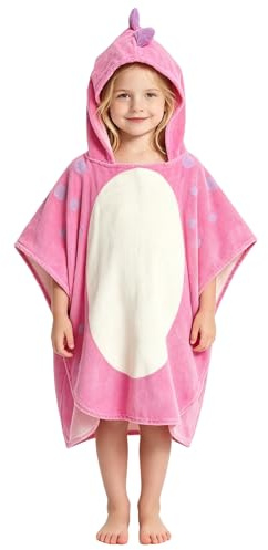 LOLANTA Kids Dinosaur Hooded Towel Poncho, 100% Cotton Girls Swim Changing Robe, Quick Dry for Beach & Pool(Pink B, 2-4 Years,Size S)