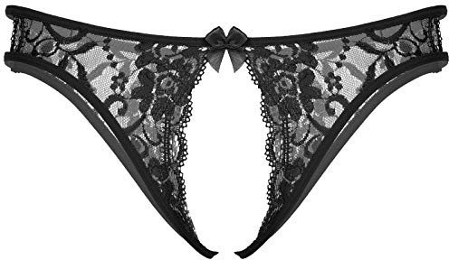 TiaoBug Herren Ouvert String Tanga Transparent Spitzen Slip Offener Schritt Sexy Unterwäsche mit Metall Penis Ring Fetisch Sexspielzeug Schwarz Offen Einheitsgröße