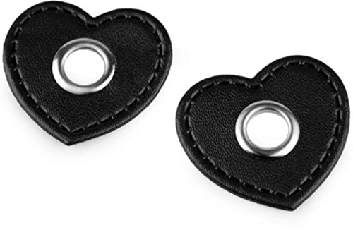 2 Stück Ösen-Patches mit 8 mm Öseninnendurchmesser auf 32 x 35 große Patches aus Kunstleder in Herz-Form zum annähen in Schwarz mit silberfarbener Öse