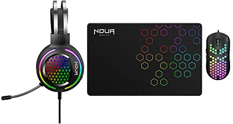 Noua Uranus Kit Gaming 3 in 1 Mouse + Cuffie + Tappetino - Combo per PC Mouse RGB 7200 dpi, Cuffie con Microfono, Tappetino per Mouse