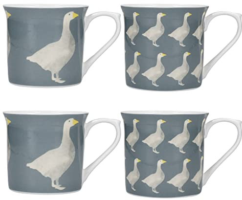 KitchenCraft Country Grey Glazed Stoneware Geese Set of 4 Fluted Tea Coffee Mugs 425ml