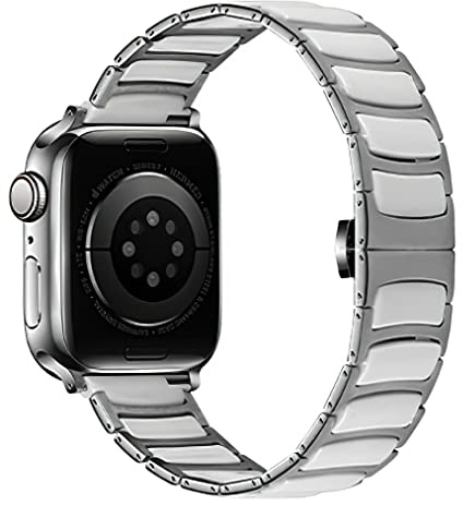MaKTech Keramiskt Band,Tunt Rostfritt Stål Inlagt Keramiskt Länkarmband,för Apple Watch Serie 11/10/9/8/7,Ultra 3/2/1,SE 3/2/1 [2025] (42mm/41mm/40mm,Silver-Vit)
