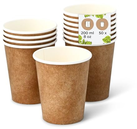 BIOZOYG 50 Stück Kaffeebecher Pappbecher 200ml / 8 oz Ø 80 mm weiß mit braunem Druck - Einwegbecher plastikfrei - Becher aus nachhaltiger Forstwirtschaft - Kaffeebecher Einweg