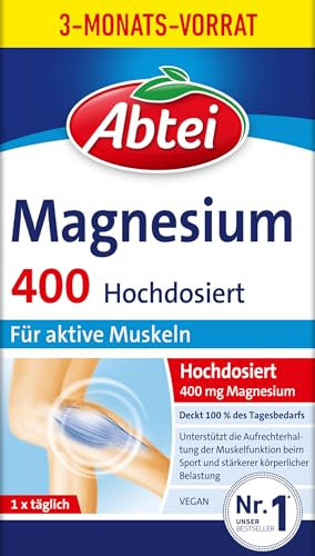 Abtei Magnesium 400 - Magnesiumtabletten zur Unterstützung der gesunden Muskelfunktion - hochdosiert, 400 mg Magnesium - glutenfrei, laktosefrei, vegan - Vorratspackung für 3 Monate, 90 Tabletten