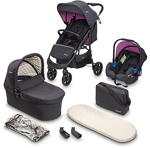 BABYGO Cochecito 3 en 1 Styles – Accesorio deportivo y bañera por separado y capazo para coche – Bolsa cambiador/protector de lluvia/colchón, color rosa