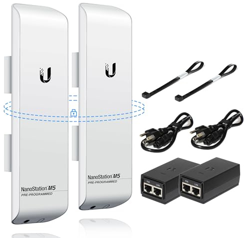 Wireless Bridge Ubiquiti NanoStation M5 PRE-CONFIGURED Bundle of 2 Ubiquiti airMAX NSM5-US, Point to Point Outdoor WiFi Bridge, Plugh and Play, 5GHz, 150+Mbps, 15+km Link Range, Network WiFi Bridge.