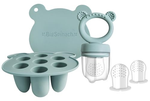 BigSpinach Silicone Baby Food Freezer Tray with Teething Popsicle Molds - Baby Fruit Feeder and Breastmilk Teether Combo